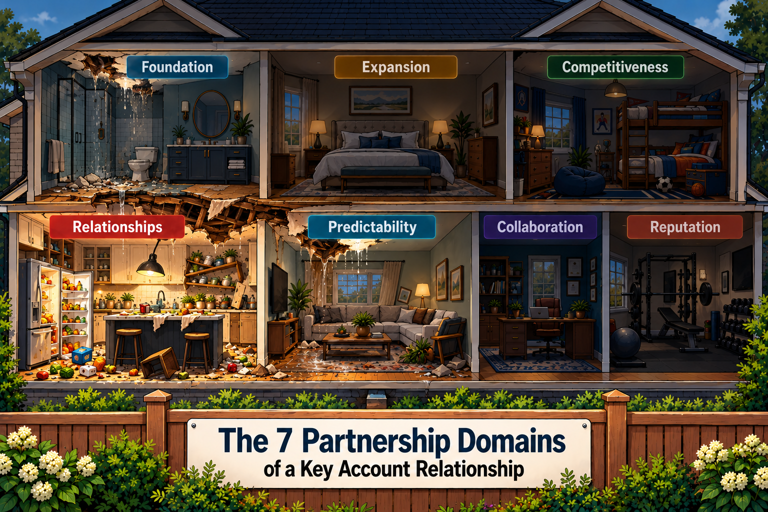 A key account partnership house with damaged rooms showing the relationship in decay