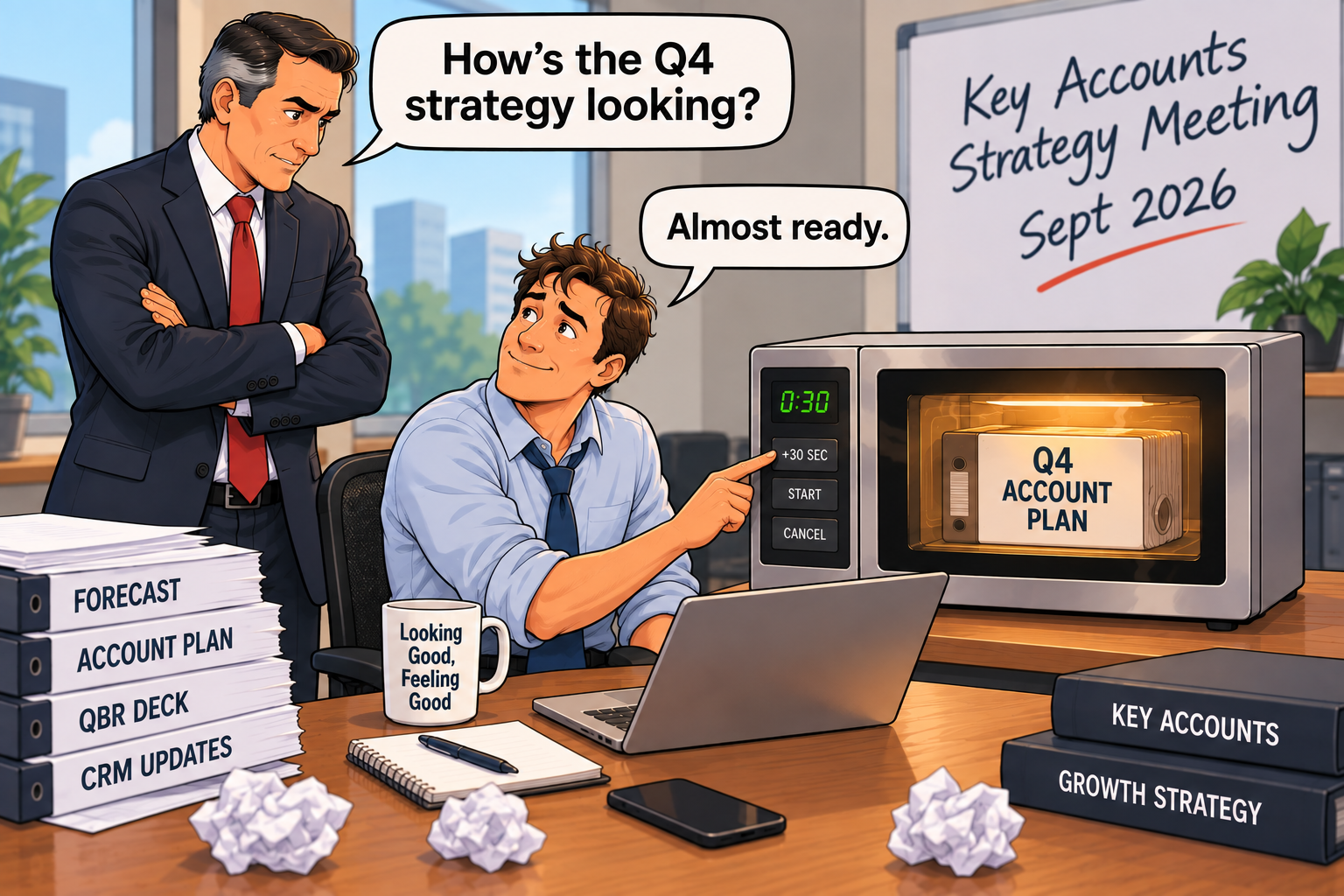 A sales rep tells a leader the Q4 strategy is almost ready while an account plan heats in a microwave